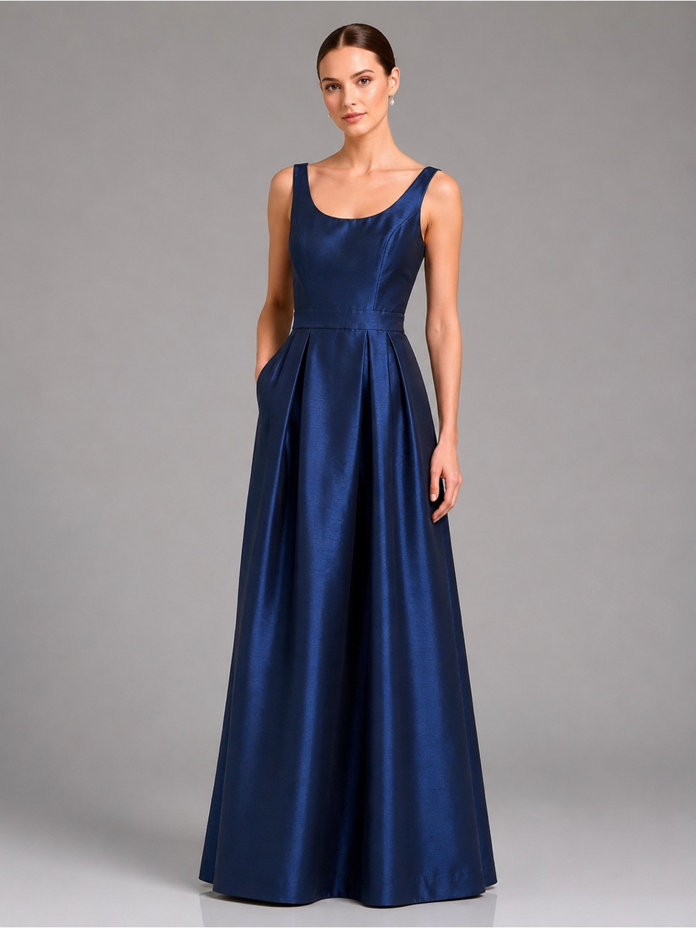 Alfred sung d565 shiny navy blue scoop neck gown 2 - Picture 1 of 7